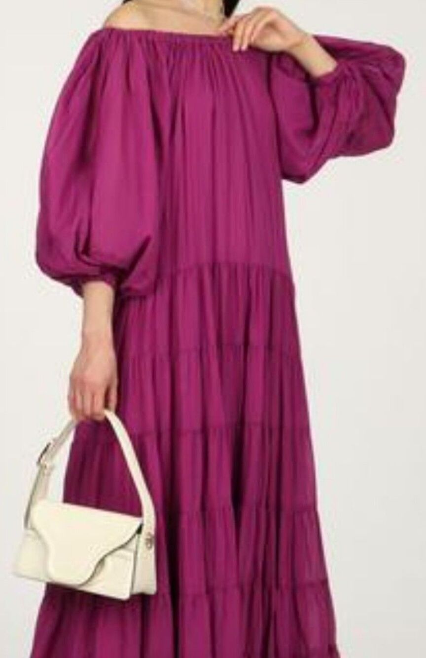 ERIKA PENA Brielle Boho Maxi tiered off shoulder in magenta dress quiet luxury